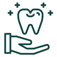 Hand holding tooth with plus signs, representing dental care and treatment services.