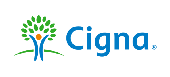 Cigna insurance company logo featuring stylized tree and person symbol in green and blue colors.