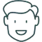 Simple line drawing of smiling male face with rounded features and happy expression.