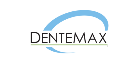 Dentemax logo featuring blue curved design above black text on white background.