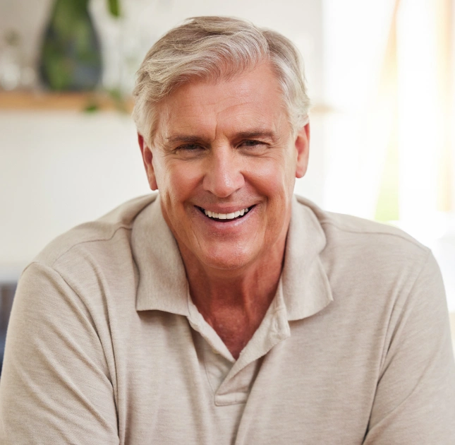 Smiling mature man in beige polo shirt in bright indoor office setting.